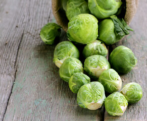 fresh organic brussels sprouts on wooden table