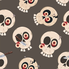 cartoon cracked skull with eyeballs and protruding eye, nails, knife Halloween seamless pattern 