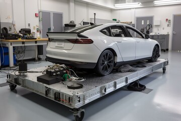 Electric vehicle with battery pack on platform in lab. Generative AI - obrazy, fototapety, plakaty
