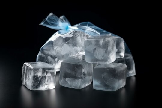 Ice cubes in plastic bag, bagged ice or packaged ice on background with clipping path. Generative AI