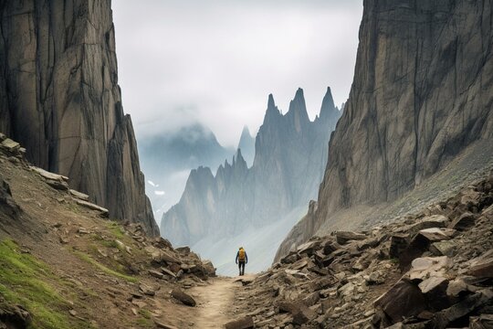 A hiker amidst towering peaks. Generative AI