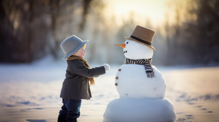 A child has some fun moments seeing a snowman in a snowy landscape in winter. outdoors