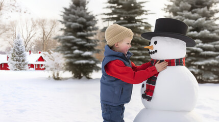 A child bundles up their freshly built snowman by placing a scarf on it, showcasing the innocence and creativity of childhood in anticipation of Santa Claus's arrival.copy space