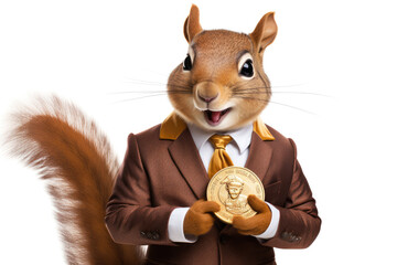 Smiling squirrel with golden coins as successful businessman, he knows how to earn money and make savings. Dressed in a suit. Isolated on white background. Generative AI - 659443555