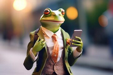 Frog as proud haughty man in fashionable clothes taking selfie with smartphone on city street. Generative AI - 659443583
