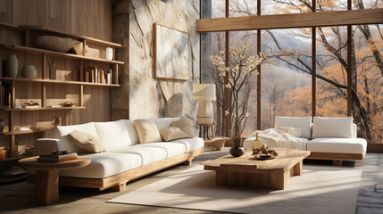 Obraz na płótnie Canvas Interior Design, Minimalistic Living room with serene nature view, Beautiful villa design in the forest