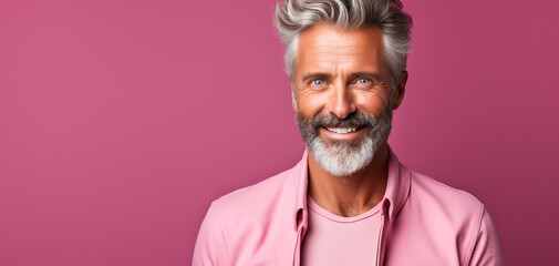 Obraz premium Handsome smiling middle-aged man with gray hair and beard in pink shirt and jacket. Crimson background with copy space. Banner for various concepts