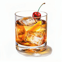 Whiskey with ice and cherry on a white background. 3d illustration