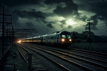 Moving train approaching station amidst a dark sky and railway track. Generative AI