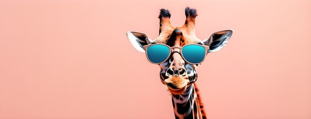 Giraffe in sunglass shade on a solid uniform background, editorial advertisement, commercial. Creative animal concept. With copy space for your advertisement