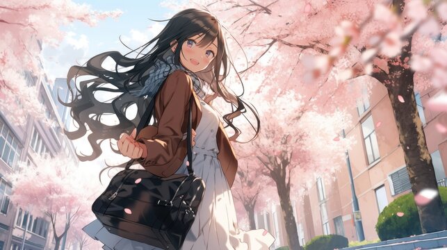 Anime illustration of a girl in college, spring background