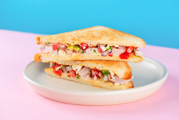 Ingredients for making chopped sandwich on a pink and blue background.
