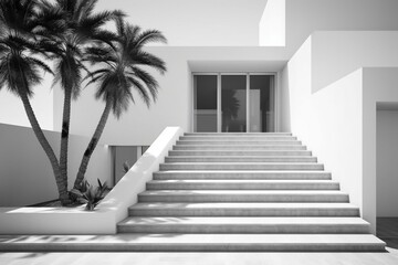 Monochrome house with sleek glass entry, pristine white walls, and concrete stairs. Generative AI - obrazy, fototapety, plakaty