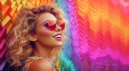 Obraz premium A vibrant, fashion-forward woman confidently rocks her magenta lipstick and trendy sunglasses while sporting a contagious smile, exuding art and style