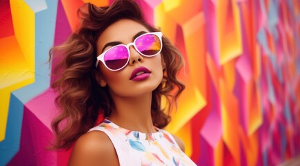 A vibrant woman exudes confidence and style, donning magenta lipstick and pink sunglasses as she gazes confidently into the camera, her spectacles adding an artistic touch to her fashionable ensemble