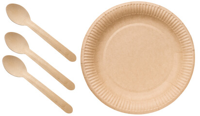 Round brown cardboard plate and bamboo spoons, disposable picnic tableware