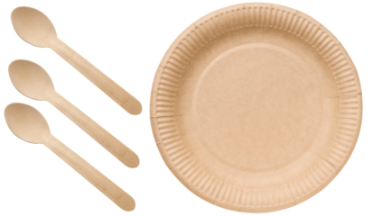 Round brown cardboard plate and bamboo spoons, disposable picnic tableware