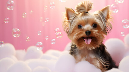  Cute little Yorkshire Terrier dog in a bath with foamwith foam and soap bubbles. Llittle Yorkshire Terrier dog in a bath.