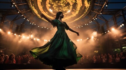 A graceful dancer captivates the audience in a vibrant green dress, her fluid movements embodying the wild spirit of the sport and showcasing her vibrant personality - obrazy, fototapety, plakaty