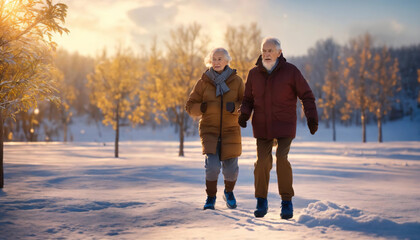 senior mature couple: woman man winter wearing sporty clothing - jackets on snowy cold park forest background. retired male, female people, pensioners doing exercise. Wintertime season. Generative ai.