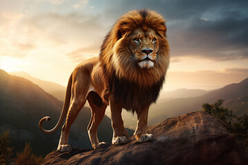 Male lion animal standing on the rock with mountains and sun light background.