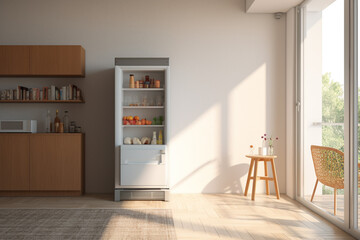 Modern refrigerator design for kitchen room in home with nature light.
