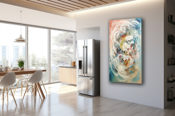 Modern refrigerator design for kitchen room in home with nature light.