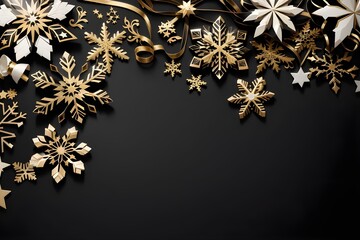 Christmas black background with luxury paper cut white and gold snowflakes ,space for text