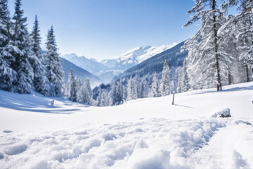 Fototapeta na wymiar A serene winter landscape with snowy mountains and pine trees. Snow covered mountains, winter scene.