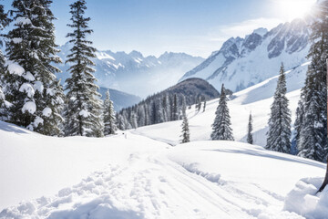 A serene winter landscape with snowy mountains and pine trees.. Snow covered mountains, winter scene.