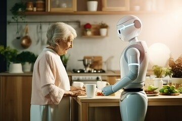 humanoid AI robot assists old senior woman in her household. serving drink and food, replacing human caregiver - obrazy, fototapety, plakaty