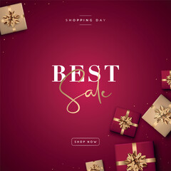 Fototapeta na wymiar Best Sale Promotion. Concept banner with discount. Realistic gift boxes scattered on surface. Design template for Social media.