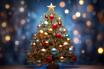 Fototapeta na wymiar Christmas Tree With Baubles And Blurred Shiny Lights