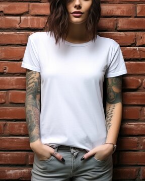 Tattooed woman in a plain white t-shirt standing against a brick wall for mockup purposes