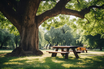 Wood table for family picnic under big tree
