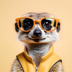 Meerkat in sunglass shade on a solid uniform background, editorial advertisement, commercial. Creative animal concept. With copy space for your advertisement