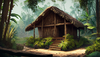 wooden hut  in the jungle. 