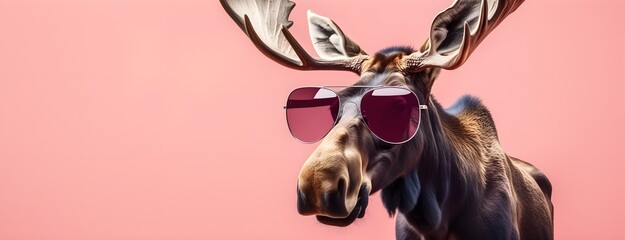 Moose in sunglass shade on a solid uniform background, editorial advertisement, commercial. Creative animal concept. With copy space for your advertisement