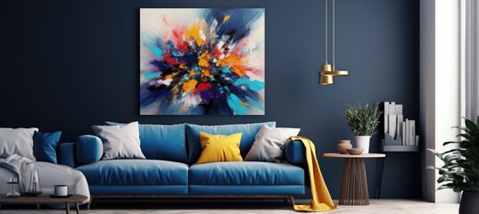 A large painting hangs on the wall above a couch in a living room.