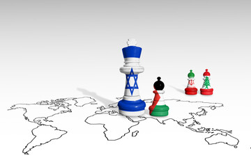 Chess made from Israel, Iran, Palestine and Lebanon flags on a world map. Gaza and Israel war