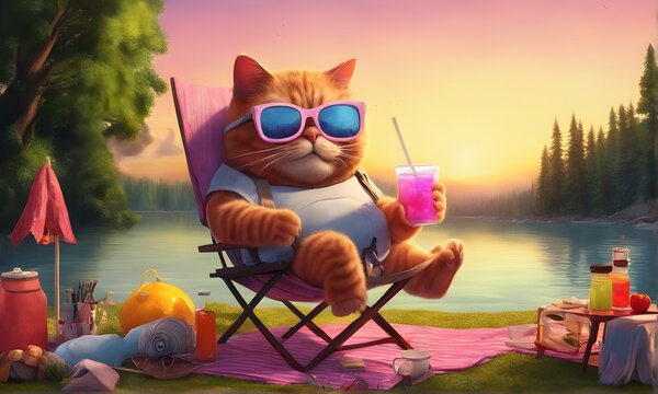 Adorable fat Cat sitting on a camping chair with a glass of juce eating spaghetti (JPG 300Dpi 12000x7200)