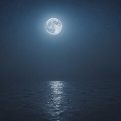 Full moon over the ocean at night with a dark sky.