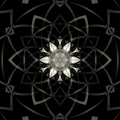 hexagonal floral fantasy in pale beige and white on a grey shades and black background