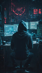 A guy wearing a hooded sweatshirt is seated at a desk with a computer.
