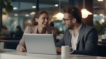 Two business professionals, one woman and one man, collaborate during a corporate office meeting, utilizing a laptop for their work, Gender-diverse Team