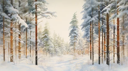 Fotobehang forest cover in snow watercolor Generative AI © Quentin