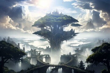 A beautifully painted ancient city in the sky with centered symmetry and an intricate bonsai tree, giving off a scary and creepy vibe. Generative AI