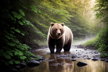 A large brown bear walking across a river.