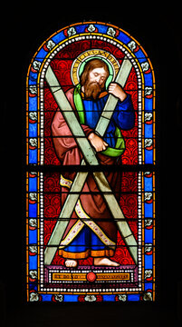 Saint Andrew the Apostle. A stained-glass window in Church of St Alphonsus Liguori, Luxembourg City, Luxembourg. 2022/11/21.