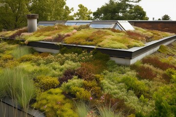 A vegetated building roof covered in green sedum sustainable plants with succulent vegetation, featuring a skylight. Generative AI - obrazy, fototapety, plakaty